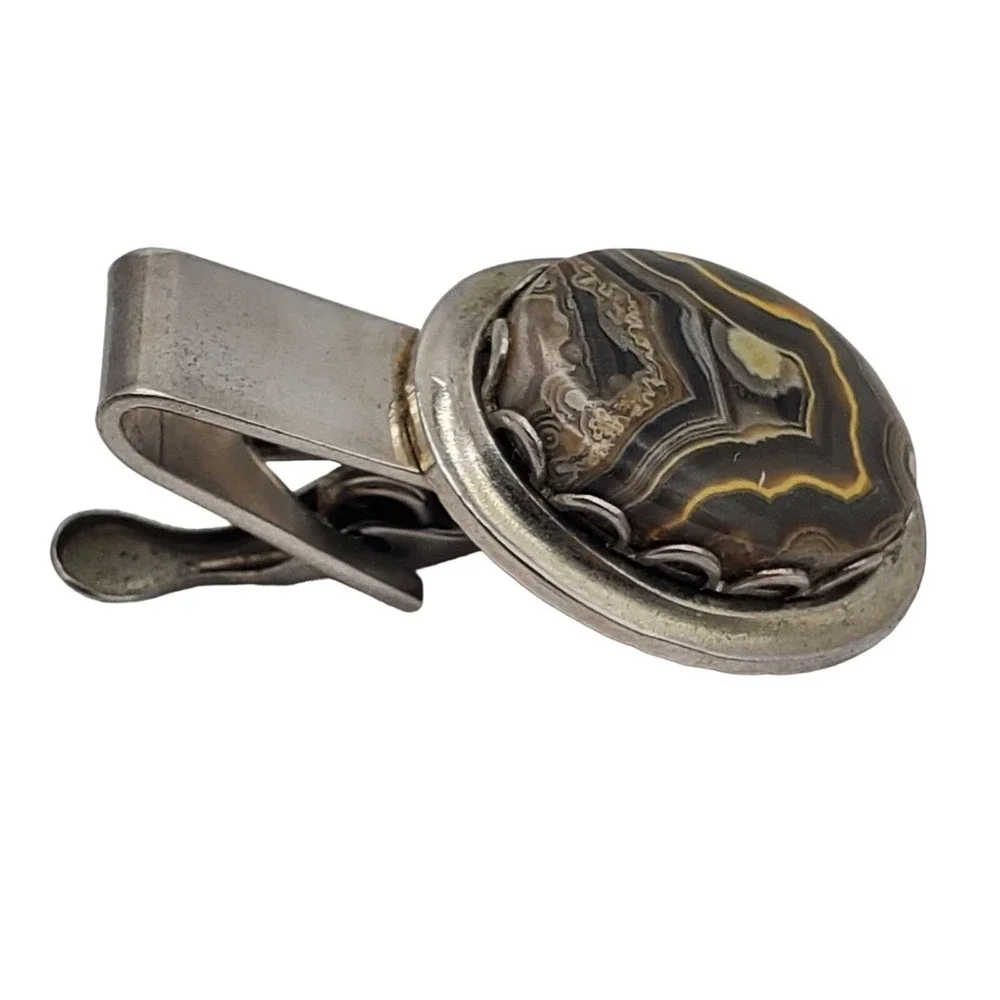 Brown Lace Agate Tie Clip Stone Bar Oval Genuine Stone Silver Tone Vintage Mens‎